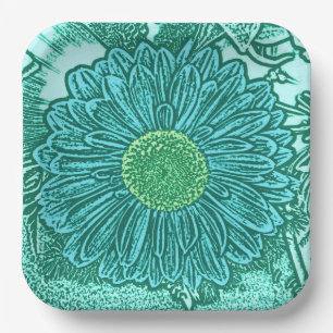 Gerbera Daisy Block Print, Turquoise and Aqua Paper Plate