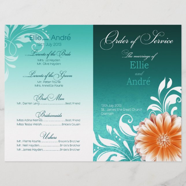 Gerbera Daisy Orange Aqua Order of Service Program (Front)