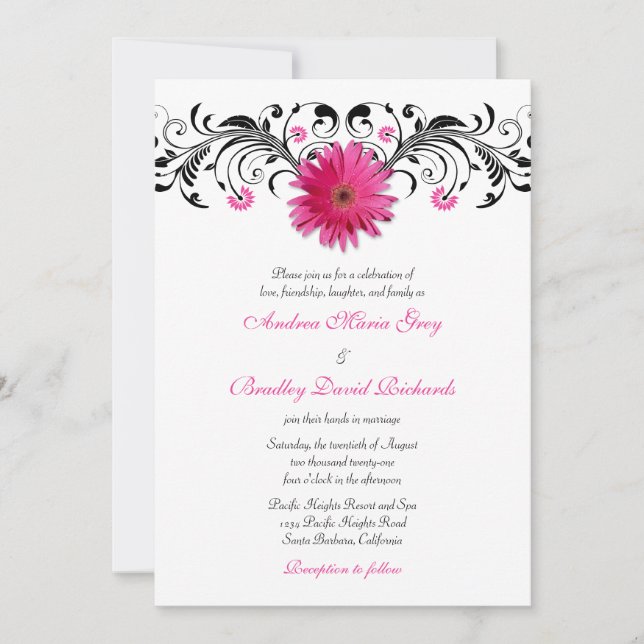 Gerbera Daisy Pink Black Floral Wedding Invitation (Front)