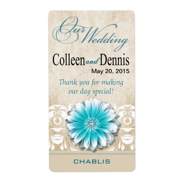 Gerbera Daisy Scroll 1 Wine Label | teal (Front)