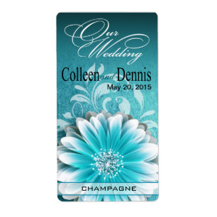 Gerbera Daisy Scroll 1 Wine Label   teal