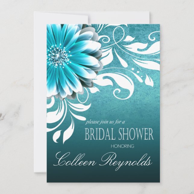 Gerbera Daisy Scroll Bridal Shower teal Invitation (Front)