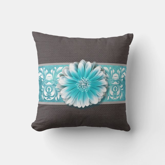 Gerbera Daisy Scroll Burlap 1 teal bandeau Cushion (Front)