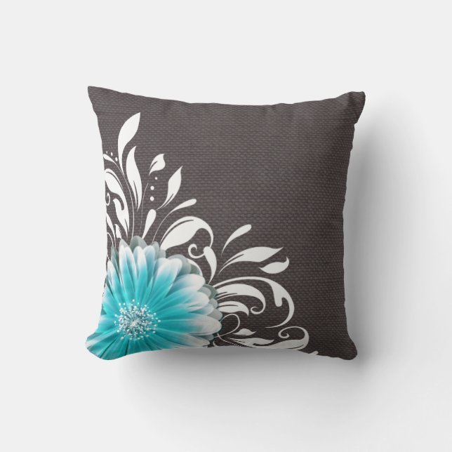 Gerbera Daisy Scroll Burlap 1 teal charcoal Cushion (Front)