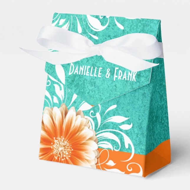 Gerbera Daisy Scroll | orange turquoise Favour Box (Front Side)