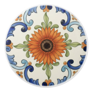 Gerbera Flower Mediterranean Blue Cream Ceramic Knob