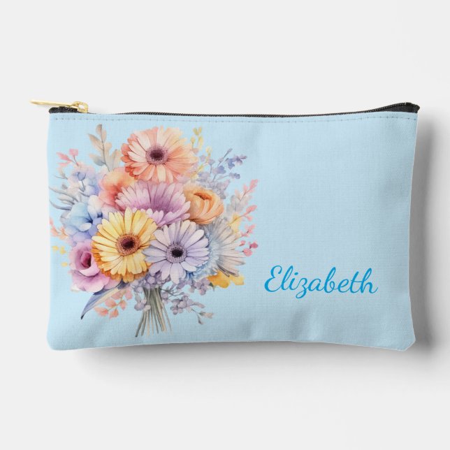 Gerbera flowers add name blue accessory pouch (Front)