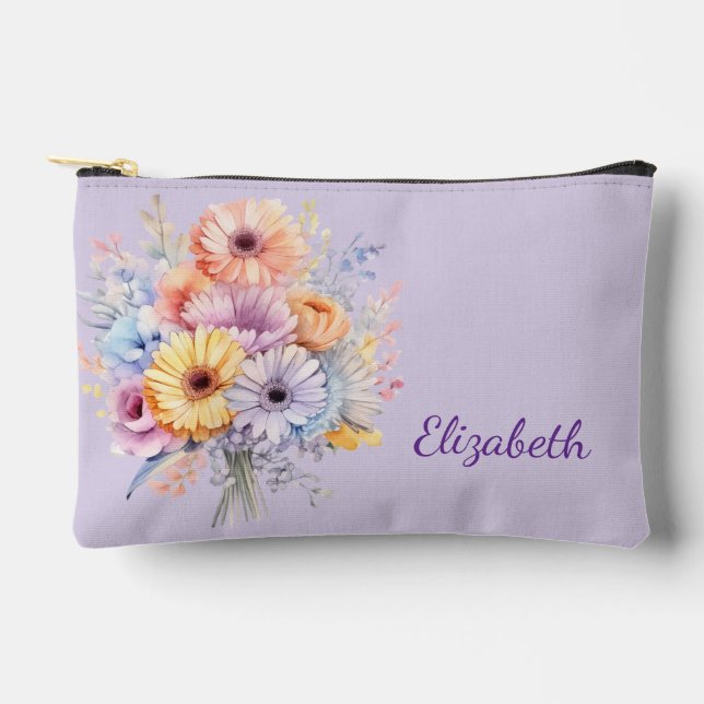 Gerbera flowers add name purple accessory pouch (Front)