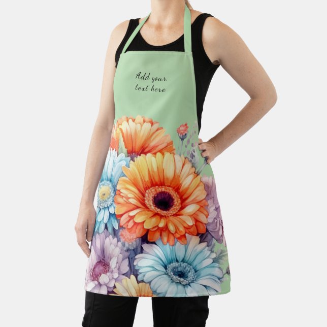 Gerbera flowers custom text green apron (Insitu)