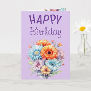 Gerbera flowers happy birthday blank purple card