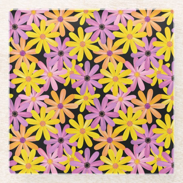 Gerbera flowers pattern, background glass coaster (Front)