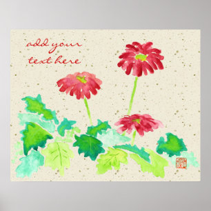 Gerbera Watercolor Painting Red Green Washi Paper Poster