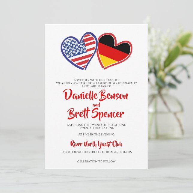 German American Heart Flags Wedding Invitation (Standing Front)