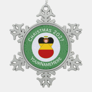 German Angel Christmas Flag Personalised  Snowflake Pewter Christmas Ornament