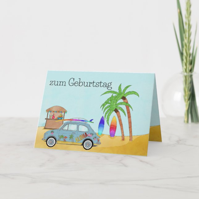 German Birthday Aloha Surf Fiat 500 Card (Front)