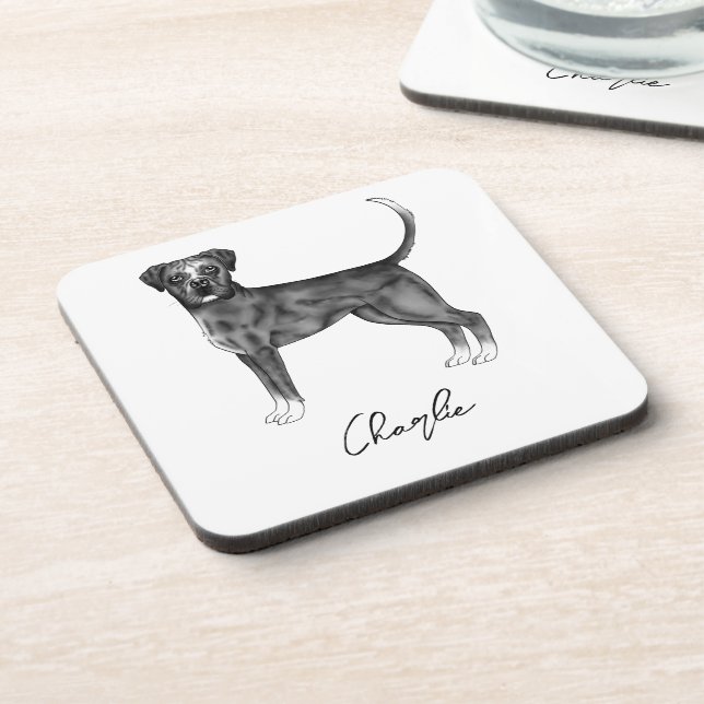 German Boxer Dog In Black And White & Custom Text Coaster (Left Side)