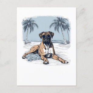 German-boxer with sunglasses at the beach postcard