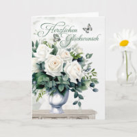 German Congratulations White Roses and Butterflies