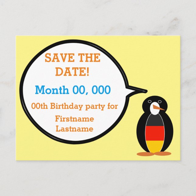 German Flag Talking Ms. Penguin Announcement Postcard (Front)