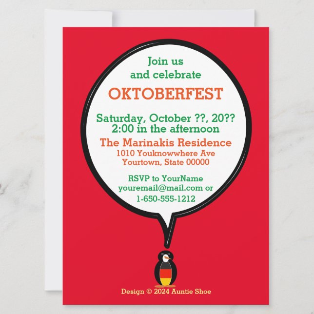 German Flag Talking Ms. Penguin Oktoberfest  Invitation (Front)