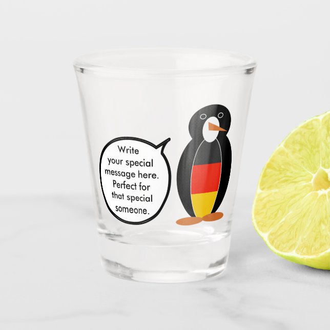 German Flag Talking Ms Penguin Personalised Shot Glass (Front)