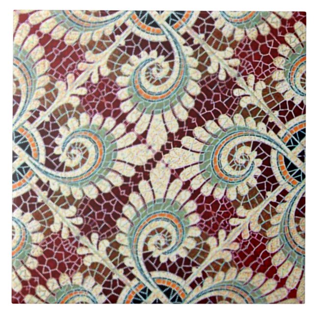 German Floral Maroon Art Nouveau Jugendstil  Tile (Front)