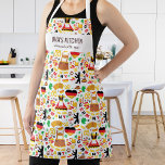 German Food Restaurant Chef Oma's Kitchen Custom Apron<br><div class="desc">Fun apron featuring a pattern of German icons and food and two lines of custom text. Add a chef's name, your Oma's name, a bakery, restaurant name, cafe or shop name or delete the text and rectangle and just use the pattern. Perfect for budding chefs, birthday parties, special events, caterers,...</div>