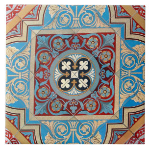 German Geometric Art Nouveau Jugendstil red blue Tile