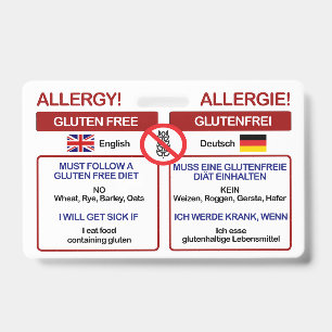GERMAN Gluten Free Travel Card   Allergy Badge ID Badge