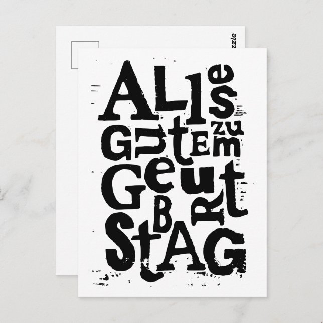 German "Happy Birthday" Lino Print Postcard (Front/Back)