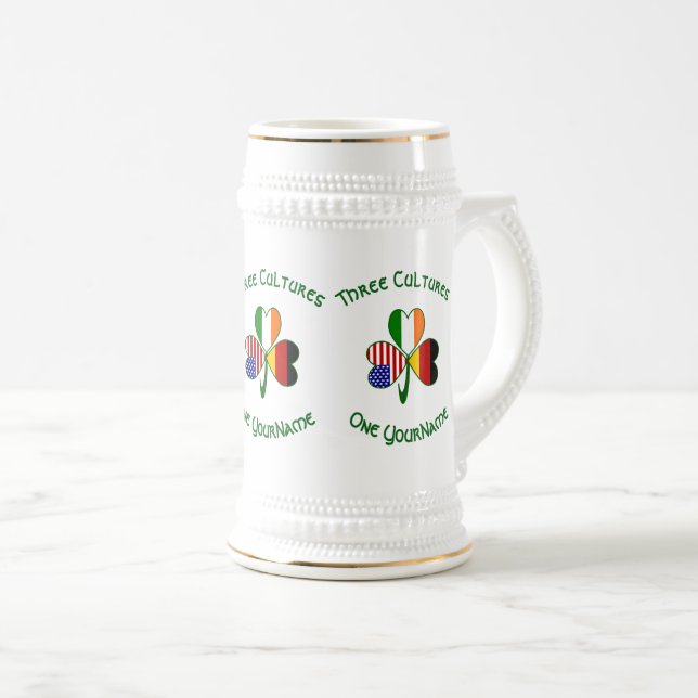 German Irish USA Flags Shamrock Personalised  Beer Stein (Front Right)