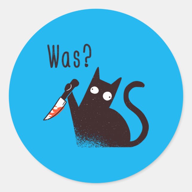 German Language Crazy Funny Cat With A Knife Classic Round Sticker (Front)