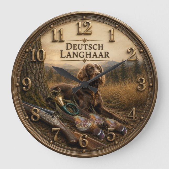 German Longhaired Pointer Hunting Companion Large Clock (Front)