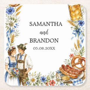 German Oktoberfest Bavarian Beer Pretzel Vintage Square Paper Coaster