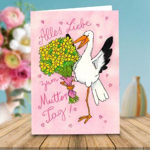 German Pink Mother's Day Stork with Flowers Card