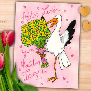 German Pink Mother's Day Stork with Flowers Postcard