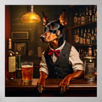 German Pinscher Bartender at a Pub Vintage