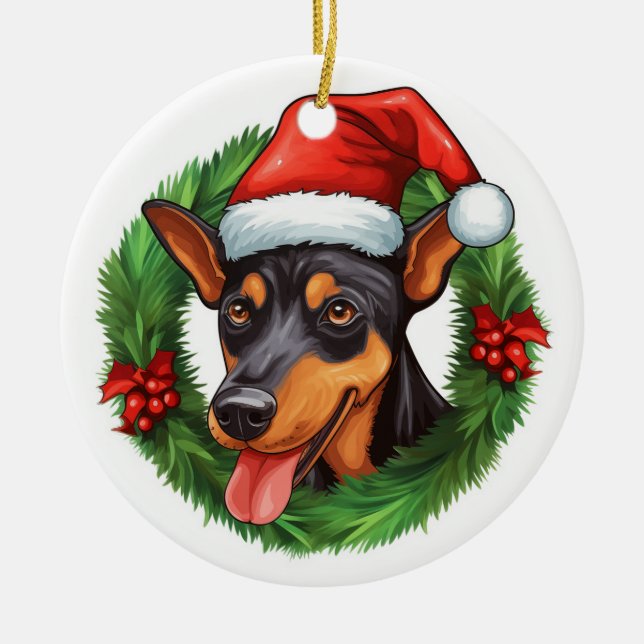 German Pinscher Christmas Wreath Ceramic Tree Decoration (Front)