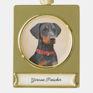 German Pinscher Painting Original Animal Art Gold Plated Banner Ornament