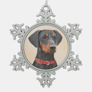 German Pinscher Painting Original Animal Art Snowflake Pewter Christmas Ornament
