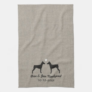 German Pinscher Silhouettes with Heart Tea Towel