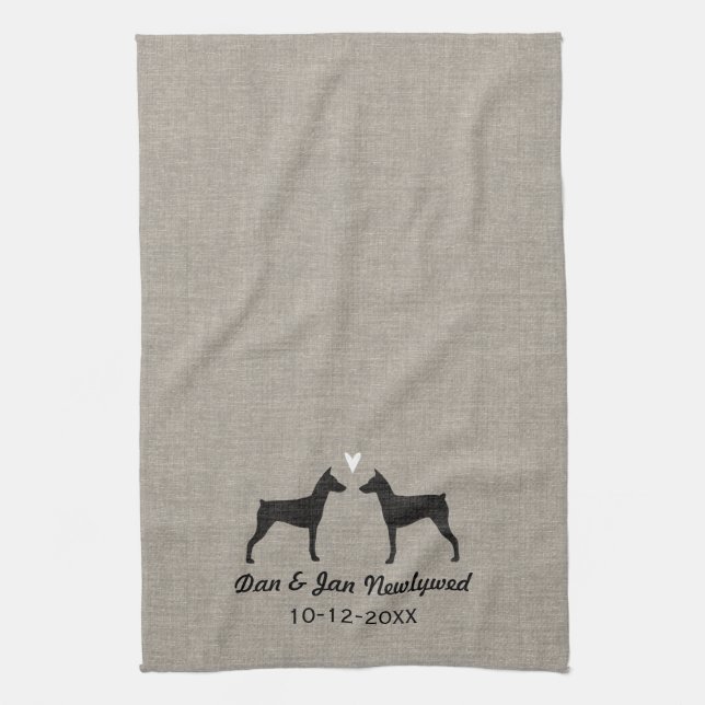 German Pinscher Silhouettes with Heart Tea Towel (Vertical)