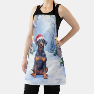 German Pinscher Snowy Courtyard Santa Hat Apron