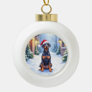 German Pinscher Snowy Courtyard Santa Hat Ceramic Ball Christmas Ornament