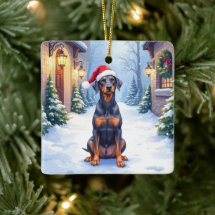 German Pinscher Snowy Courtyard Santa Hat Ceramic Ornament