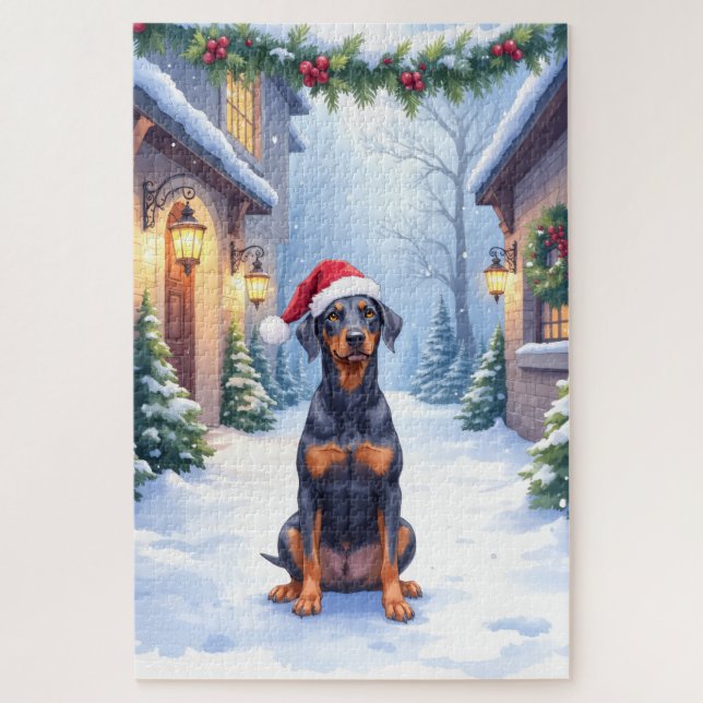 German Pinscher Snowy Courtyard Santa Hat Jigsaw Puzzle (Vertical)