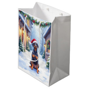 German Pinscher Snowy Courtyard Santa Hat Medium Gift Bag