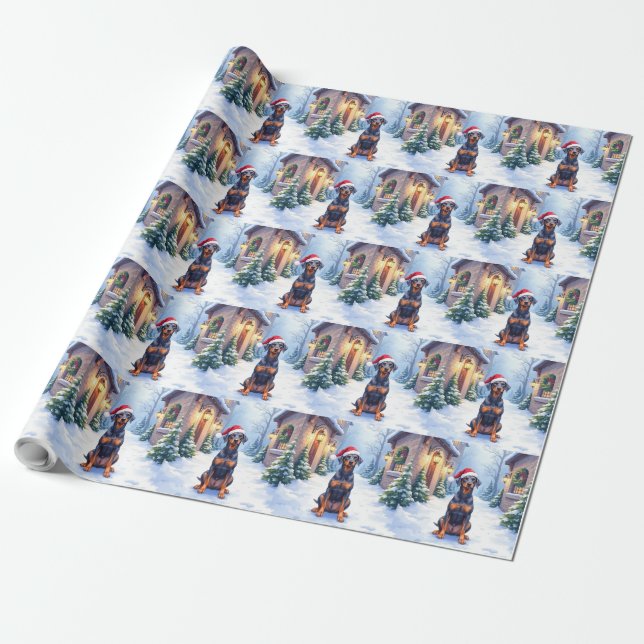 German Pinscher Snowy Courtyard Santa Hat Wrapping Paper (Unrolled)