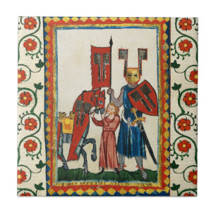 GERMAN POET,HIS BELOVED LADY,MEDIEVAL MINIATURE TILE