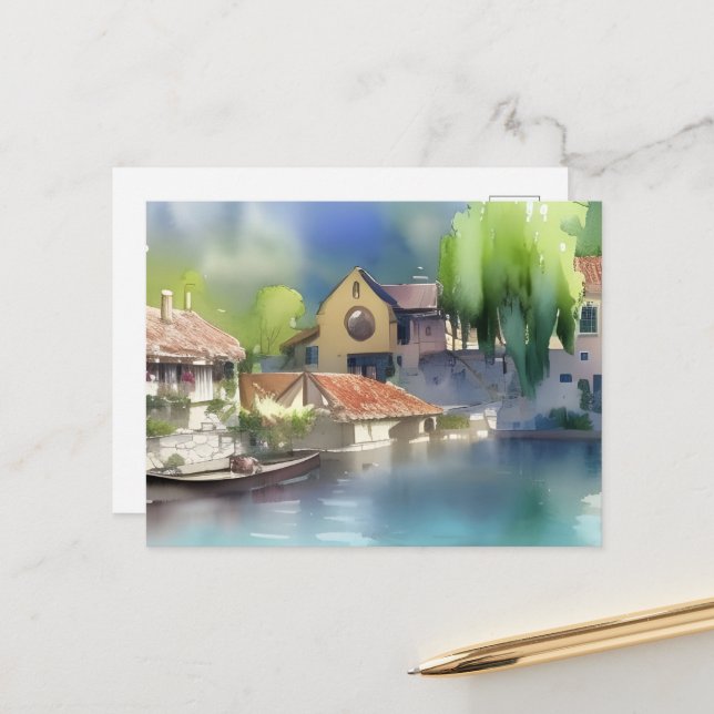 German River Village Watercolor Postcard (Front/Back In Situ)